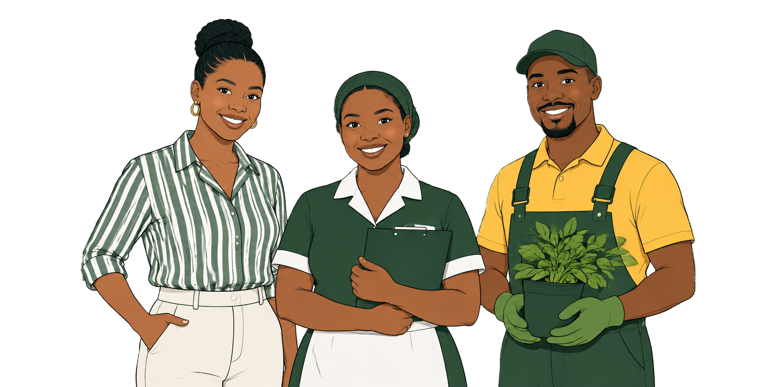 A household employer, housekeeper and gardener together at home