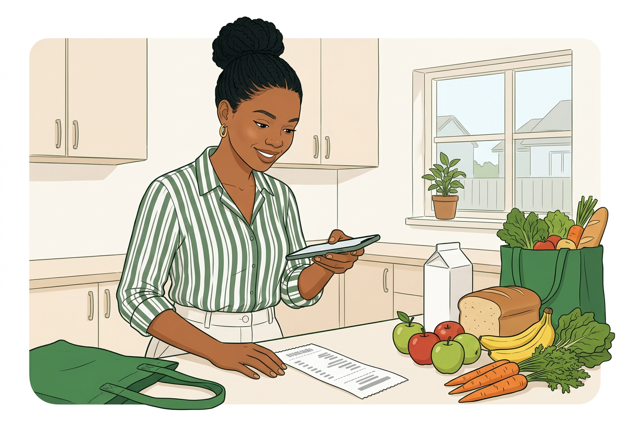 A woman photographing a till slip with her phone at a kitchen counter with grocery bags, bread, fruit, milk and vegetables in a South African home