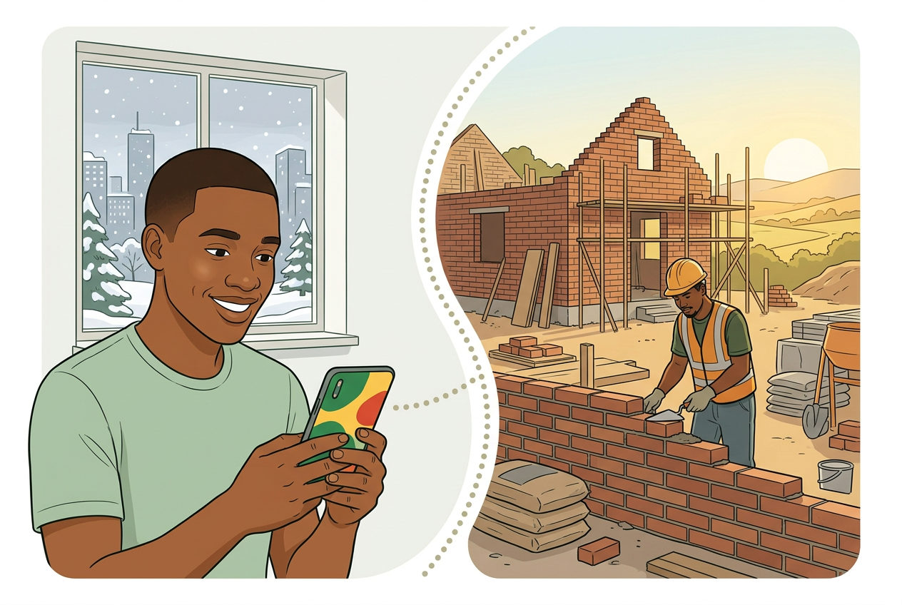 A young man abroad smiling at his phone, connected to his family home being built back in South Africa, with a builder laying bricks