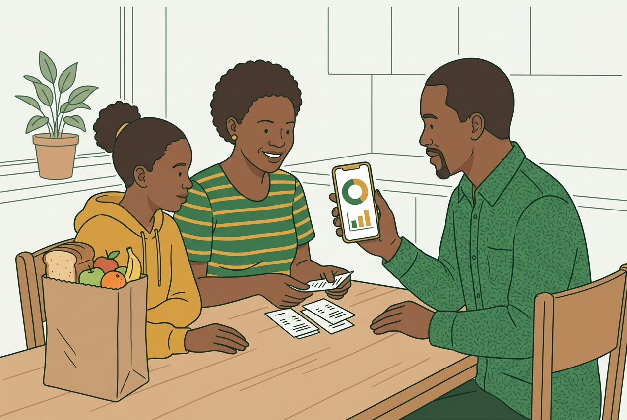 A family at a kitchen table sorting till slips, with the father holding a phone showing a budget chart and groceries nearby